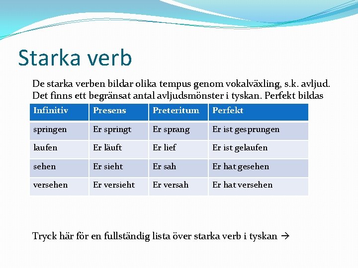 Starka verb De starka verben bildar olika tempus genom vokalväxling, s. k. avljud. Det