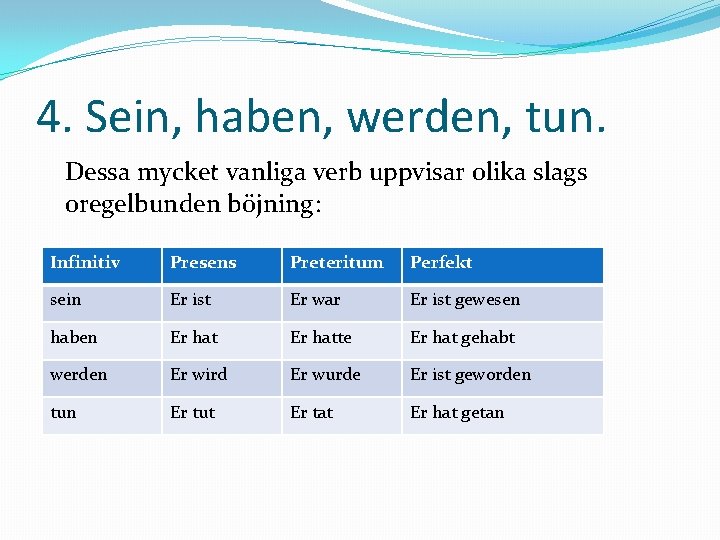 4. Sein, haben, werden, tun. Dessa mycket vanliga verb uppvisar olika slags oregelbunden böjning: