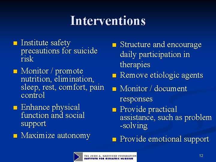 Interventions n n Institute safety precautions for suicide risk Monitor / promote nutrition, elimination,