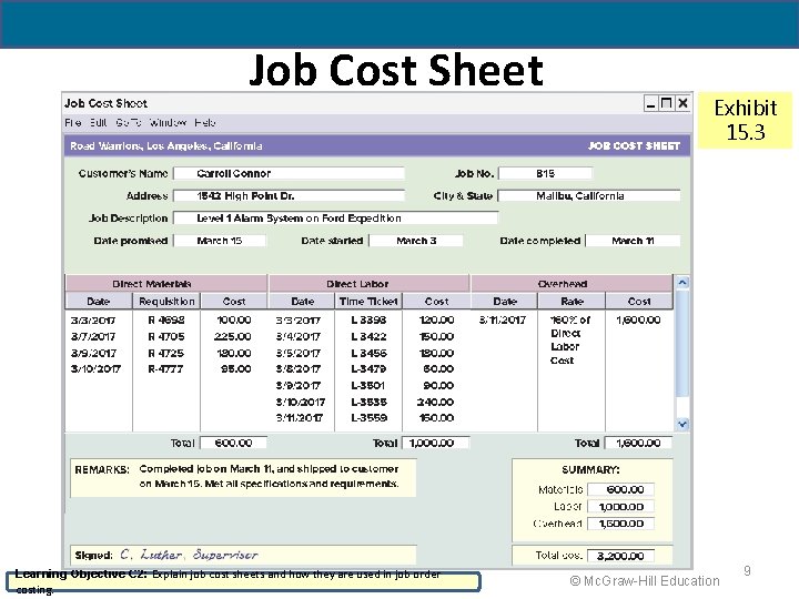 19 - 9 Job Cost Sheet Learning Objective C 2: Explain job cost sheets