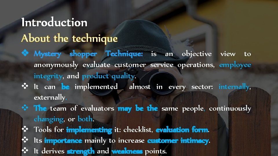 Introduction About the technique v Mystery shopper Technique: is an objective view to anonymously