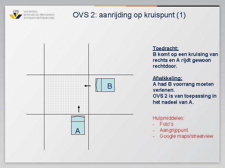 OVS 2: aanrijding op kruispunt (1) Toedracht: B komt op een kruising van rechts