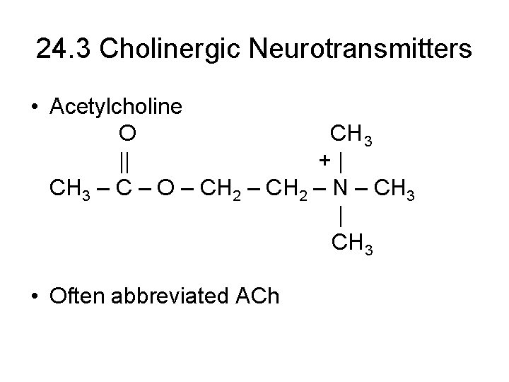 24. 3 Cholinergic Neurotransmitters • Acetylcholine O CH 3 || +| CH 3 –