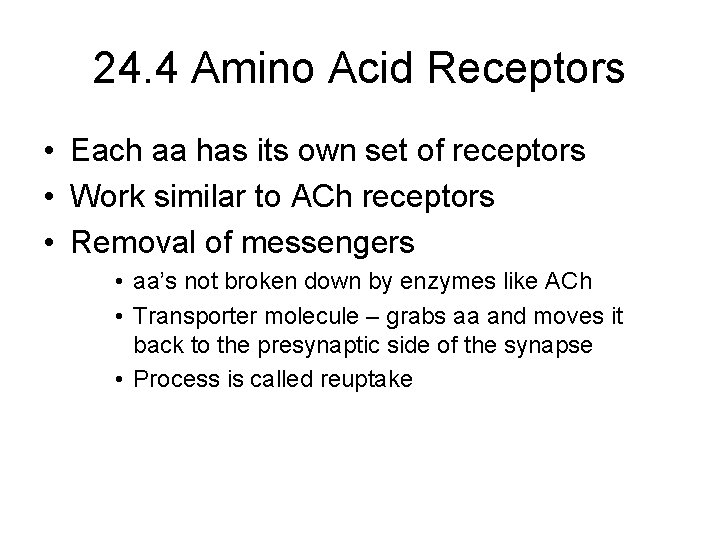 24. 4 Amino Acid Receptors • Each aa has its own set of receptors