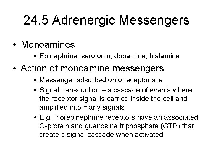24. 5 Adrenergic Messengers • Monoamines • Epinephrine, serotonin, dopamine, histamine • Action of