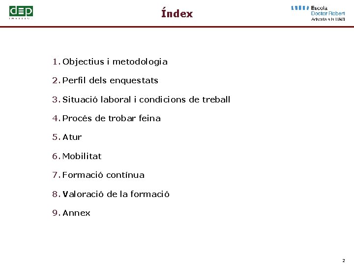Índex 1. Objectius i metodologia 2. Perfil dels enquestats 3. Situació laboral i condicions