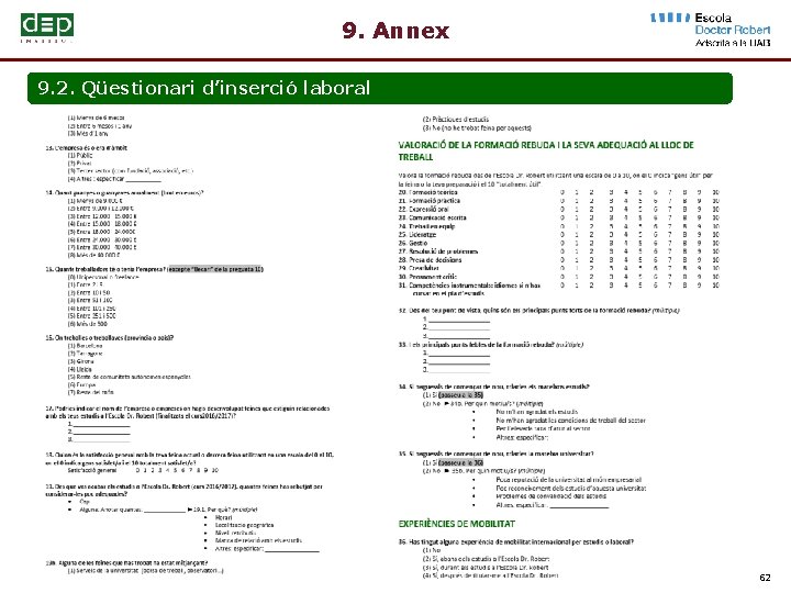 9. Annex 9. 2. Qüestionari d’inserció laboral 62 