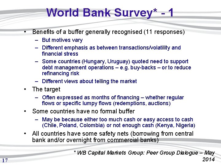 World Bank Survey* - 1 • Benefits of a buffer generally recognised (11 responses)