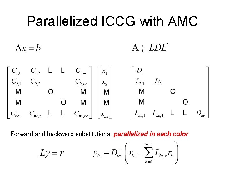 Parallelized ICCG with AMC Forward and backward substitutions: parallelized in each color 