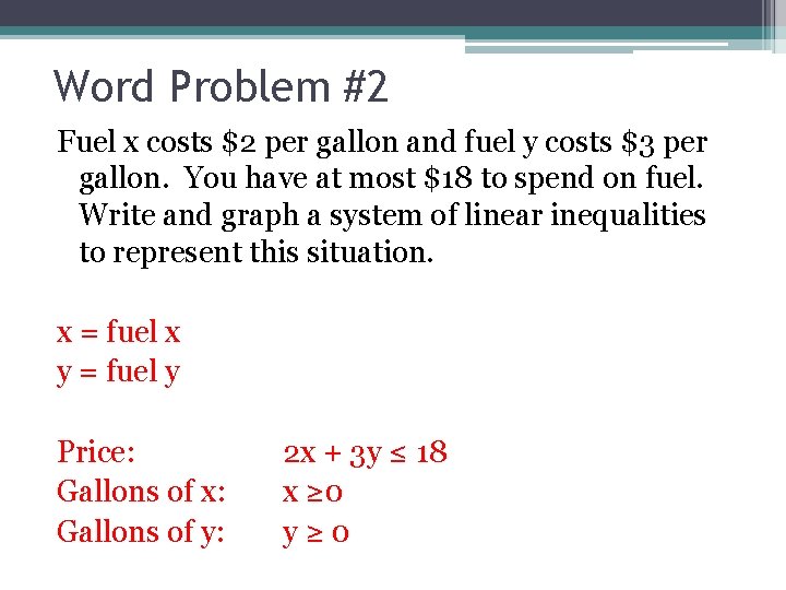 Word Problem #2 Fuel x costs $2 per gallon and fuel y costs $3