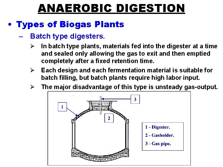 ANAEROBIC DIGESTION • Types of Biogas Plants – Batch type digesters. Ø In batch