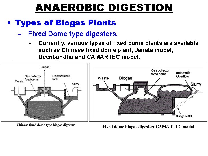 ANAEROBIC DIGESTION • Types of Biogas Plants – Fixed Dome type digesters. Ø Currently,