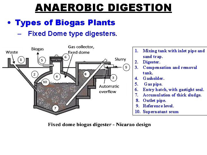 ANAEROBIC DIGESTION • Types of Biogas Plants – Fixed Dome type digesters. 1. Mixing