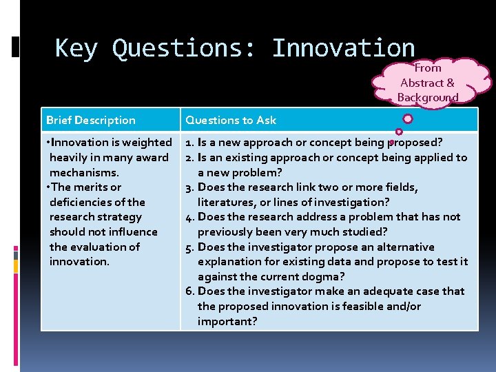 Key Questions: Innovation From Abstract & Background Brief Description Questions to Ask • Innovation