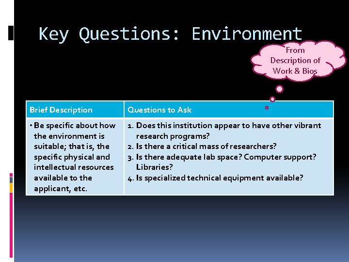 Key Questions: Environment From Description of Work & Bios Brief Description Questions to Ask