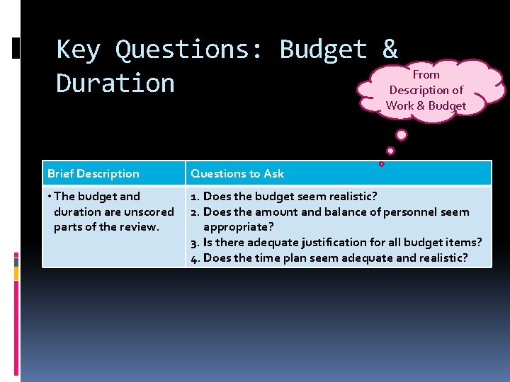 Key Questions: Budget & From Duration Description of Work & Budget Brief Description Questions