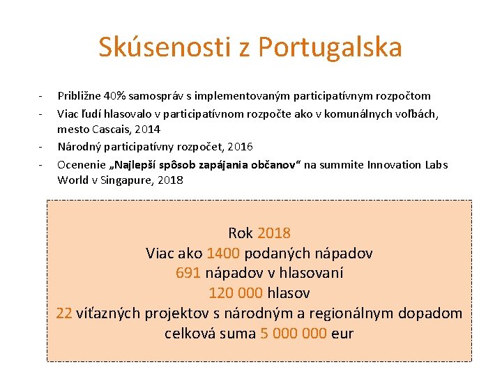 Skúsenosti z Portugalska - Približne 40% samospráv s implementovaným participatívnym rozpočtom Viac ľudí hlasovalo