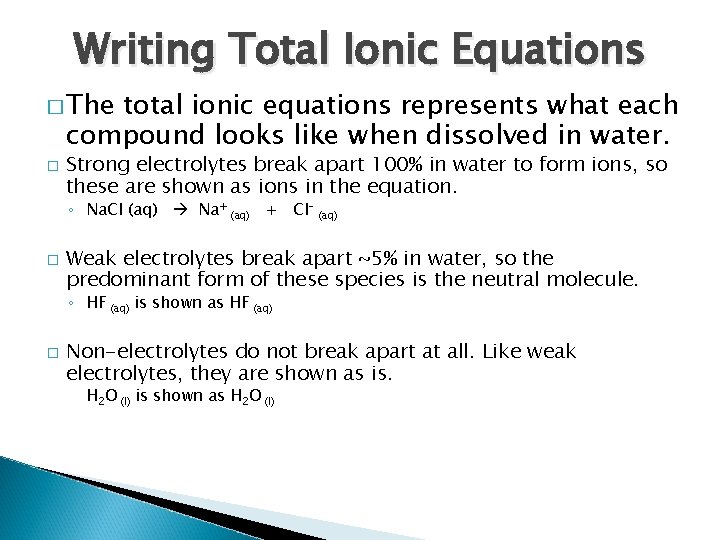 Writing Total Ionic Equations � The total ionic equations represents what each compound looks