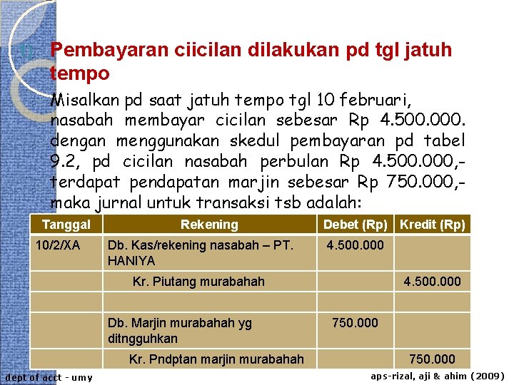 1) Pembayaran ciicilan dilakukan pd tgl jatuh tempo Misalkan pd saat jatuh tempo tgl