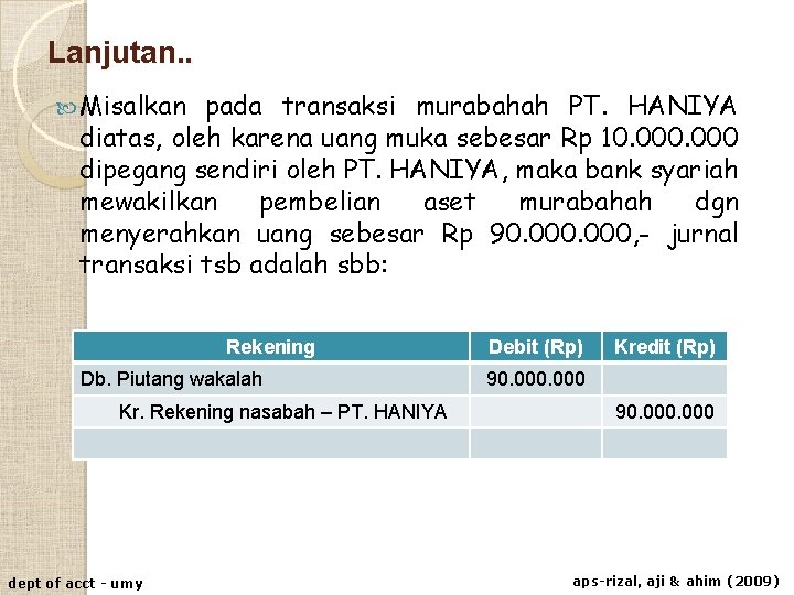 Lanjutan. . Misalkan pada transaksi murabahah PT. HANIYA diatas, oleh karena uang muka sebesar