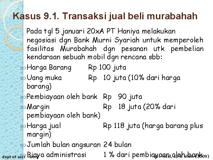 Kasus 9. 1. Transaksi jual beli murabahah Pada tgl 5 januari 20 x. A