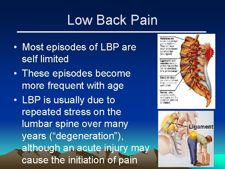 Low Back Pain • Most episodes of LBP are self limited • These episodes