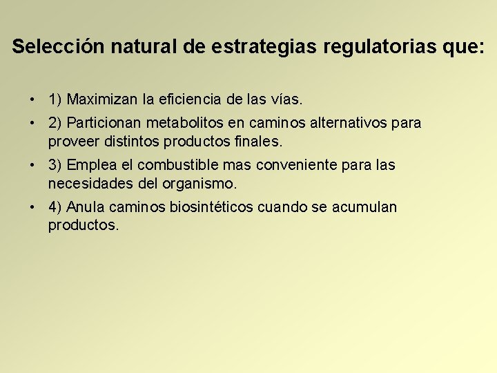 Selección natural de estrategias regulatorias que: • 1) Maximizan la eficiencia de las vías.