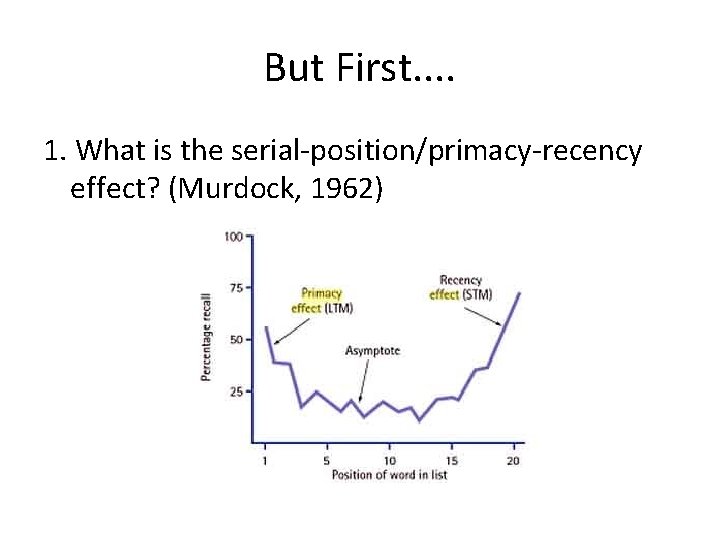 But First. . 1. What is the serial-position/primacy-recency effect? (Murdock, 1962) 