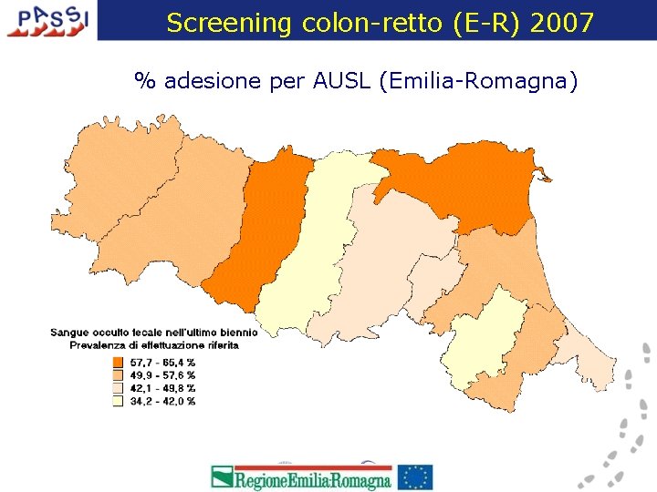 Screening colon-retto (E-R) 2007 % adesione per AUSL (Emilia-Romagna) 