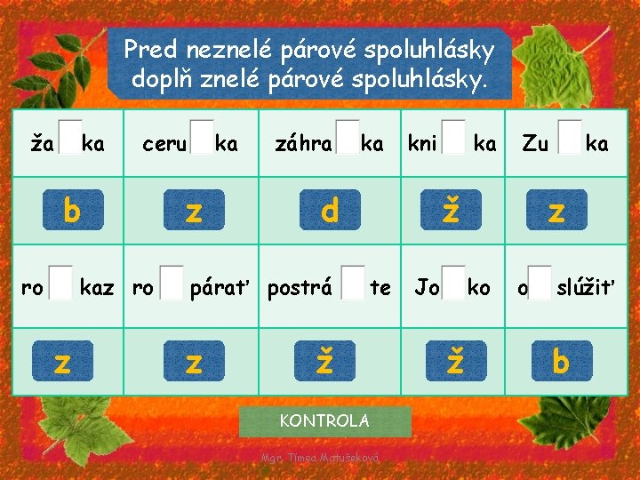 Pred neznelé párové spoluhlásky doplň znelé párové spoluhlásky. ža ka ceru b ro kaz