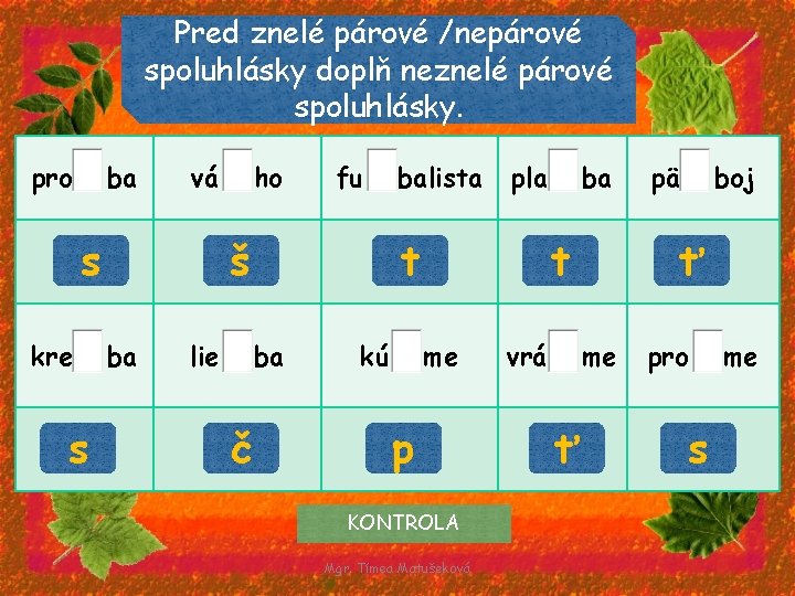 Pred znelé párové /nepárové spoluhlásky doplň neznelé párové spoluhlásky. pro ba vá s kre