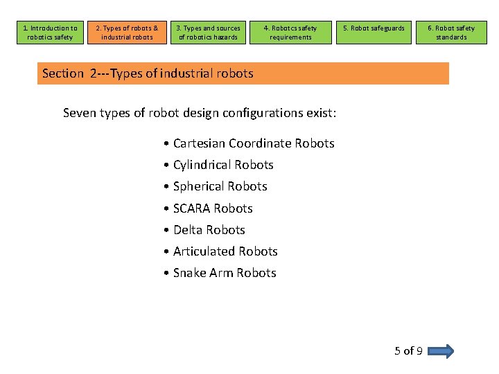 1. Introduction to robotics safety 2. Types of robots & industrial robots 3. Types