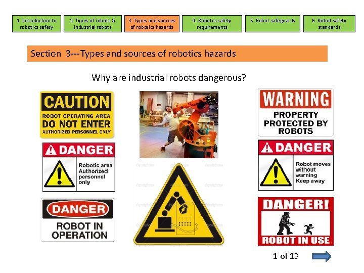 1. Introduction to robotics safety 2. Types of robots & industrial robots 3. Types