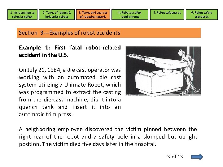 1. Introduction to robotics safety 2. Types of robots & industrial robots 3. Types