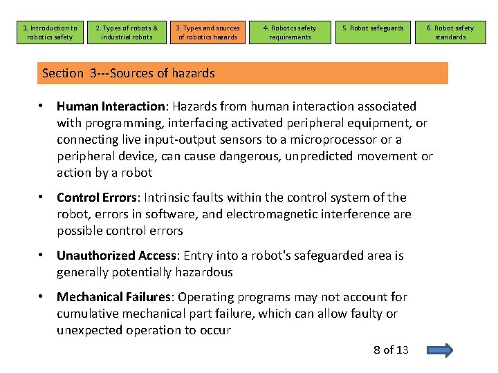 1. Introduction to robotics safety 2. Types of robots & industrial robots 3. Types