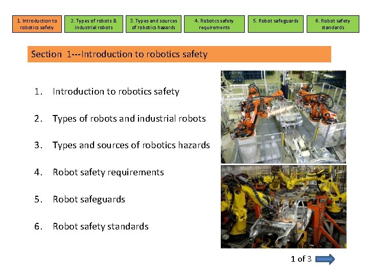 1. Introduction to robotics safety 2. Types of robots & industrial robots 3. Types