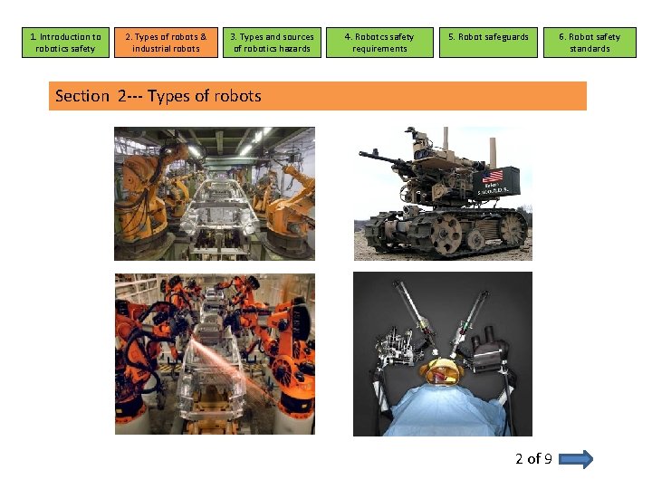 1. Introduction to robotics safety 2. Types of robots & industrial robots 3. Types