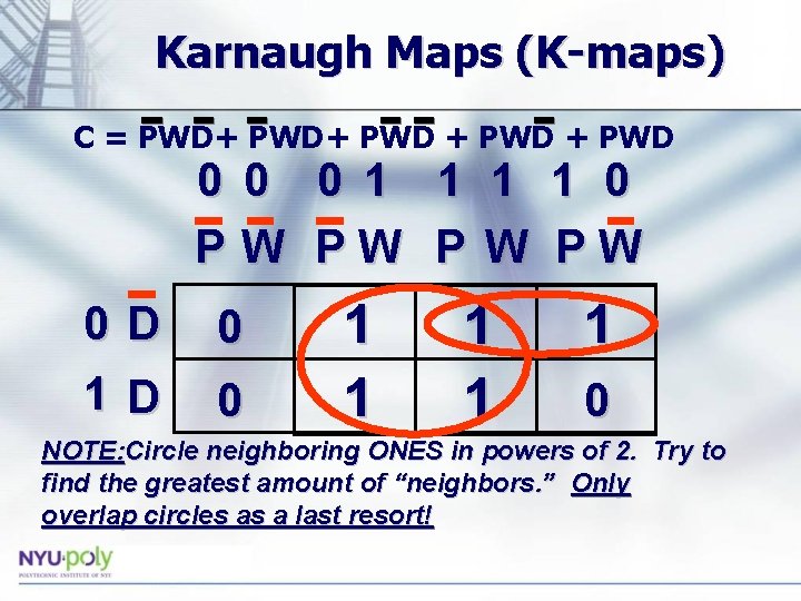 Karnaugh Maps (K-maps) C = PWD+ PWD 0 0 0 1 1 0 PW