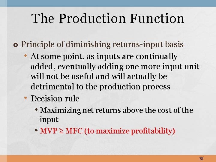 The Production Function Principle of diminishing returns-input basis • At some point, as inputs