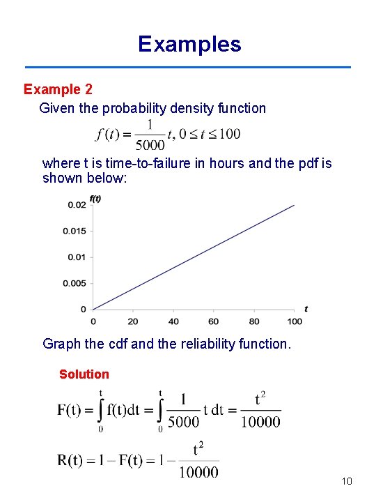 Examples Example 2 Given the probability density function where t is time-to-failure in hours
