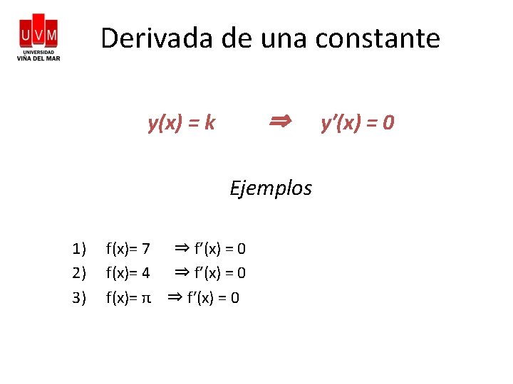 Derivada de una constante y(x) = k ⇒ Ejemplos 1) 2) 3) f(x)= 7