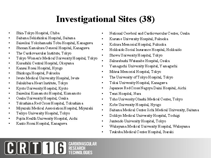 Investigational Sites (38) • • • • • Shin-Tokyo Hospital, Chiba Saitama Sekishinkai Hospital,