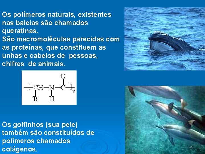 Os polímeros naturais, existentes nas baleias são chamados queratinas. São macromoléculas parecidas com as