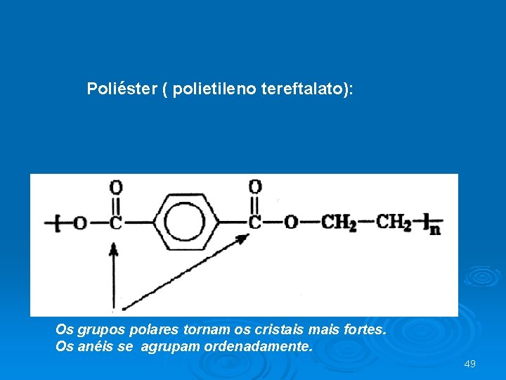 Poliéster ( polietileno tereftalato): Os grupos polares tornam os cristais mais fortes. Os anéis