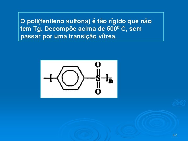 O poli(fenileno sulfona) é tão rígido que não tem Tg. Decompõe acima de 5000