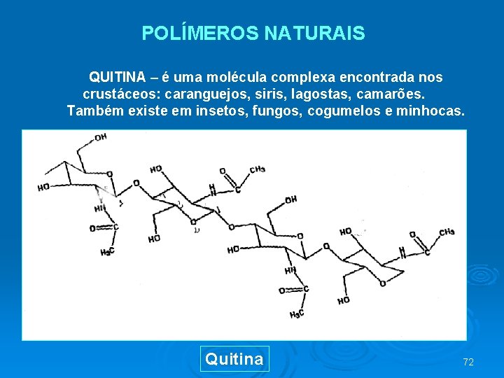  POLÍMEROS NATURAIS QUITINA – é uma molécula complexa encontrada nos crustáceos: caranguejos, siris,