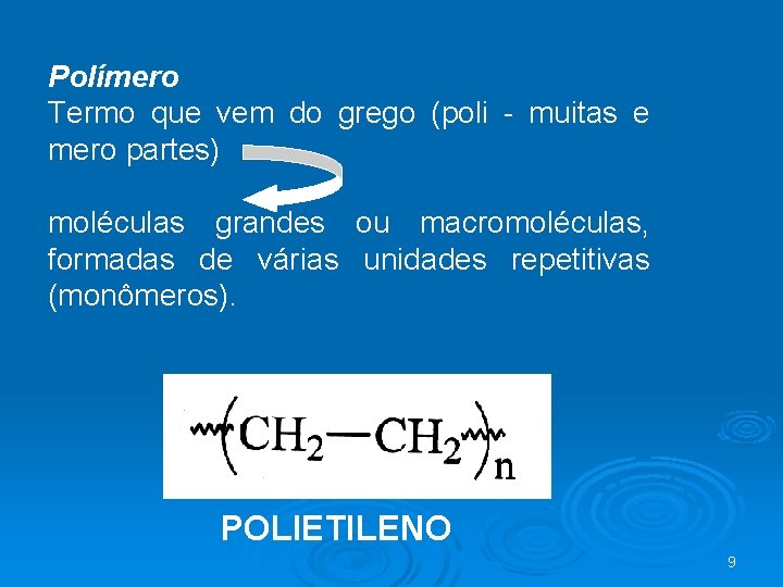 Polímero Termo que vem do grego (poli - muitas e mero partes) moléculas grandes