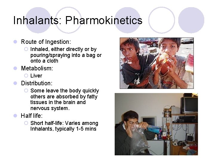 Inhalants: Pharmokinetics l Route of Ingestion: ¡ Inhaled, either directly or by pouring/spraying into