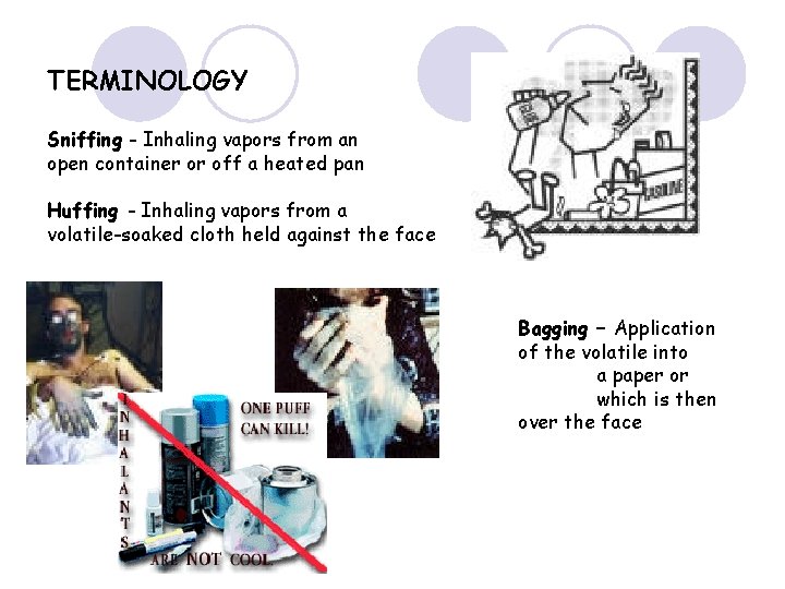 TERMINOLOGY Sniffing - Inhaling vapors from an open container or off a heated pan