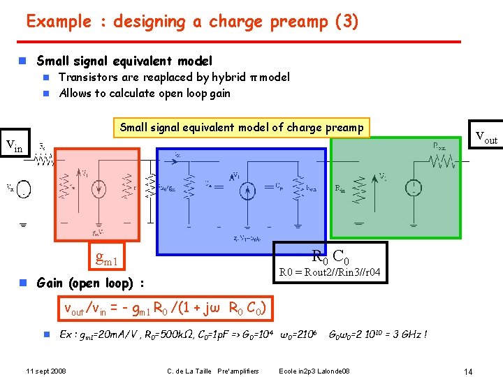 Example : designing a charge preamp (3) n Small signal equivalent model Transistors are